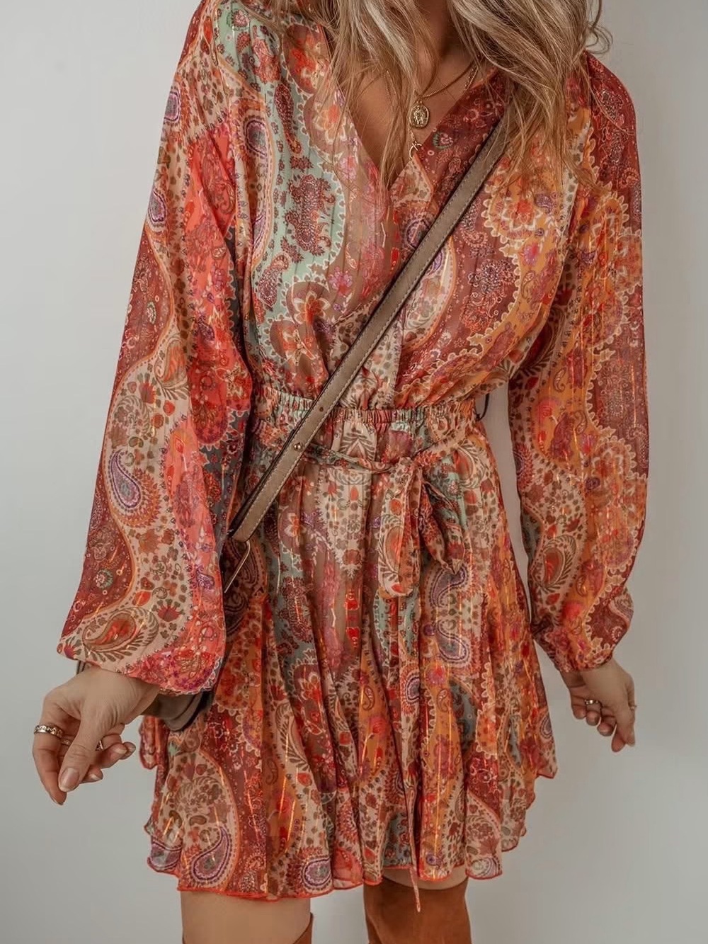 Boho Paisley Tie-Waist Mini Dress in Rust Multi